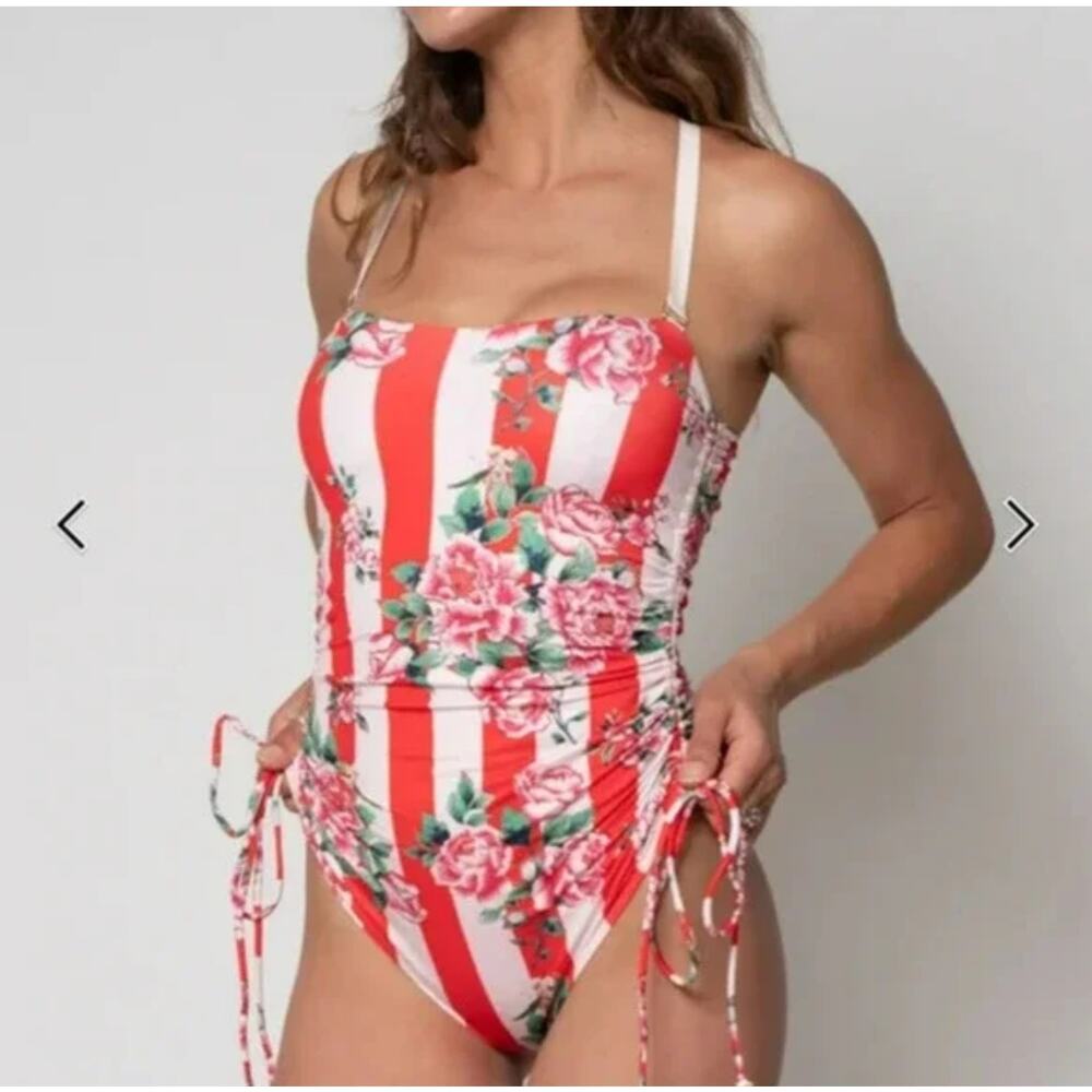We Are HaH One Piece Swimsuit Red Floral Blood Orange Stripe Ruched Women Size M